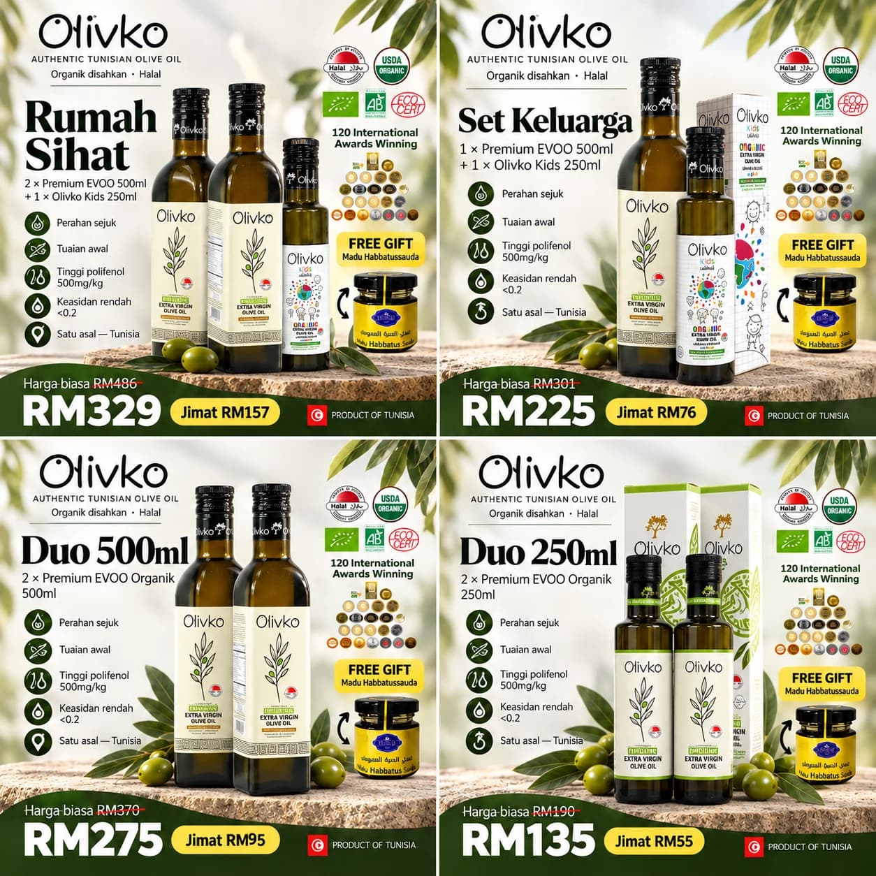 Four Olivko extra virgin olive oil bundles from Tunisia