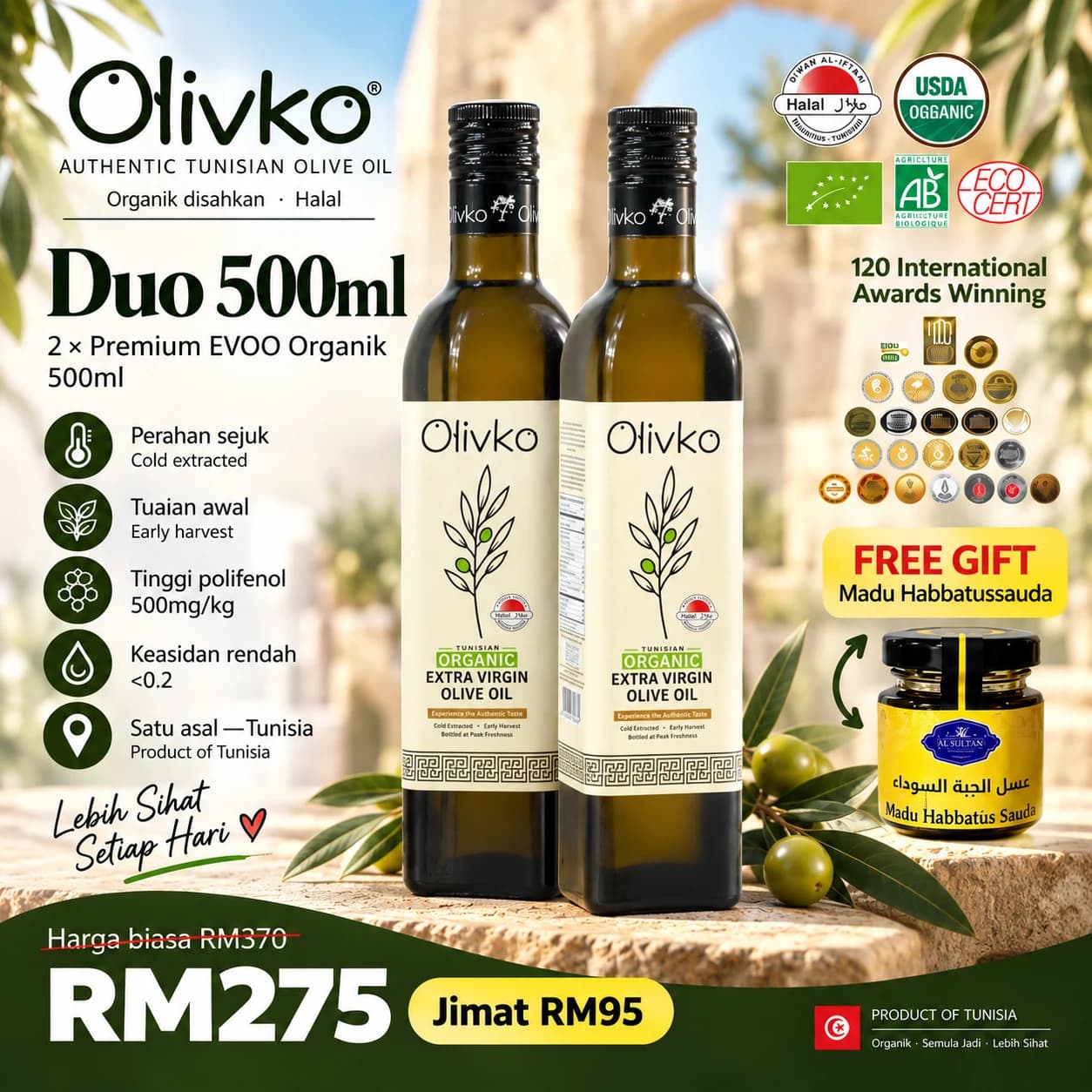 Olivko Duo 500ml — dua botol minyak zaitun extra virgin premium dari Tunisia