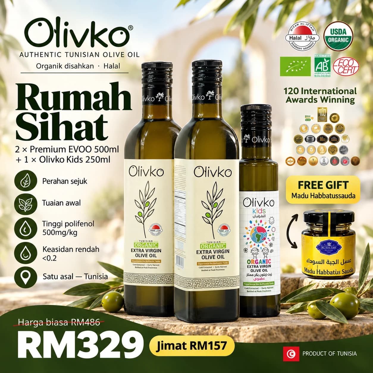 Set Olivko Rumah Sihat — dua botol minyak zaitun extra virgin 500ml dan satu Olivko Kids 250ml